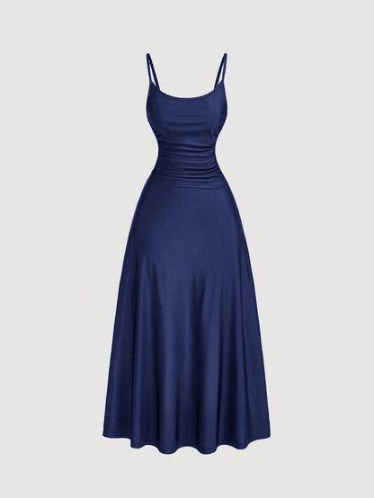 SHEIN MOD Women's Solid Color Ruched Waist Flared Hem Spaghetti Strap Dress,Semi Formal Dress,Elegant Tea Party Dress,Flowy Cruise Women Outfits Lavish Lady Store