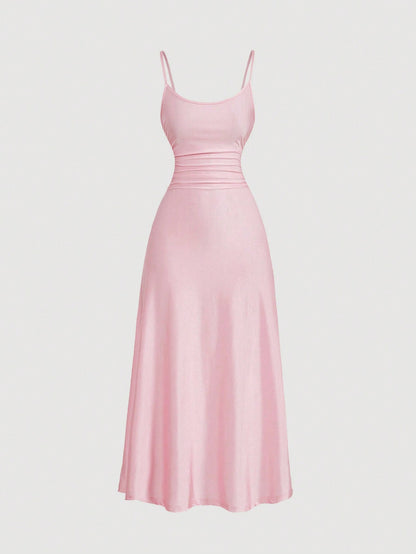 SHEIN MOD Women's Solid Color Ruched Waist Flared Hem Spaghetti Strap Dress,Semi Formal Dress,Elegant Tea Party Dress,Flowy Cruise Women Outfits Lavish Lady Store