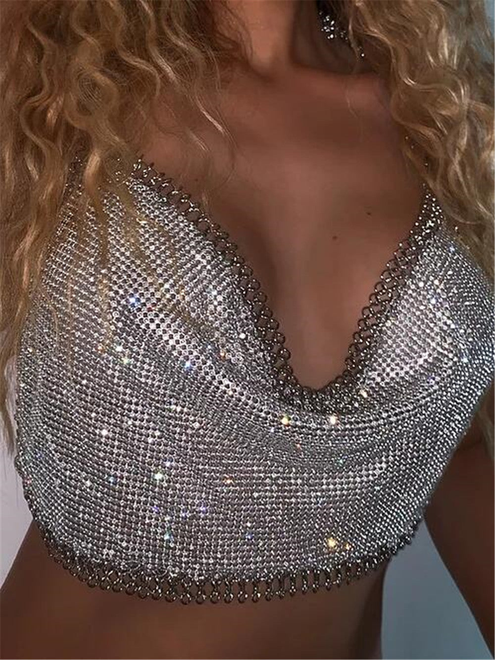 Chaleco con tirantes finos de tubo, sin espalda, con cadena de metal y diamantes, para discoteca, para mujer, que deja al descubierto el abdomen
