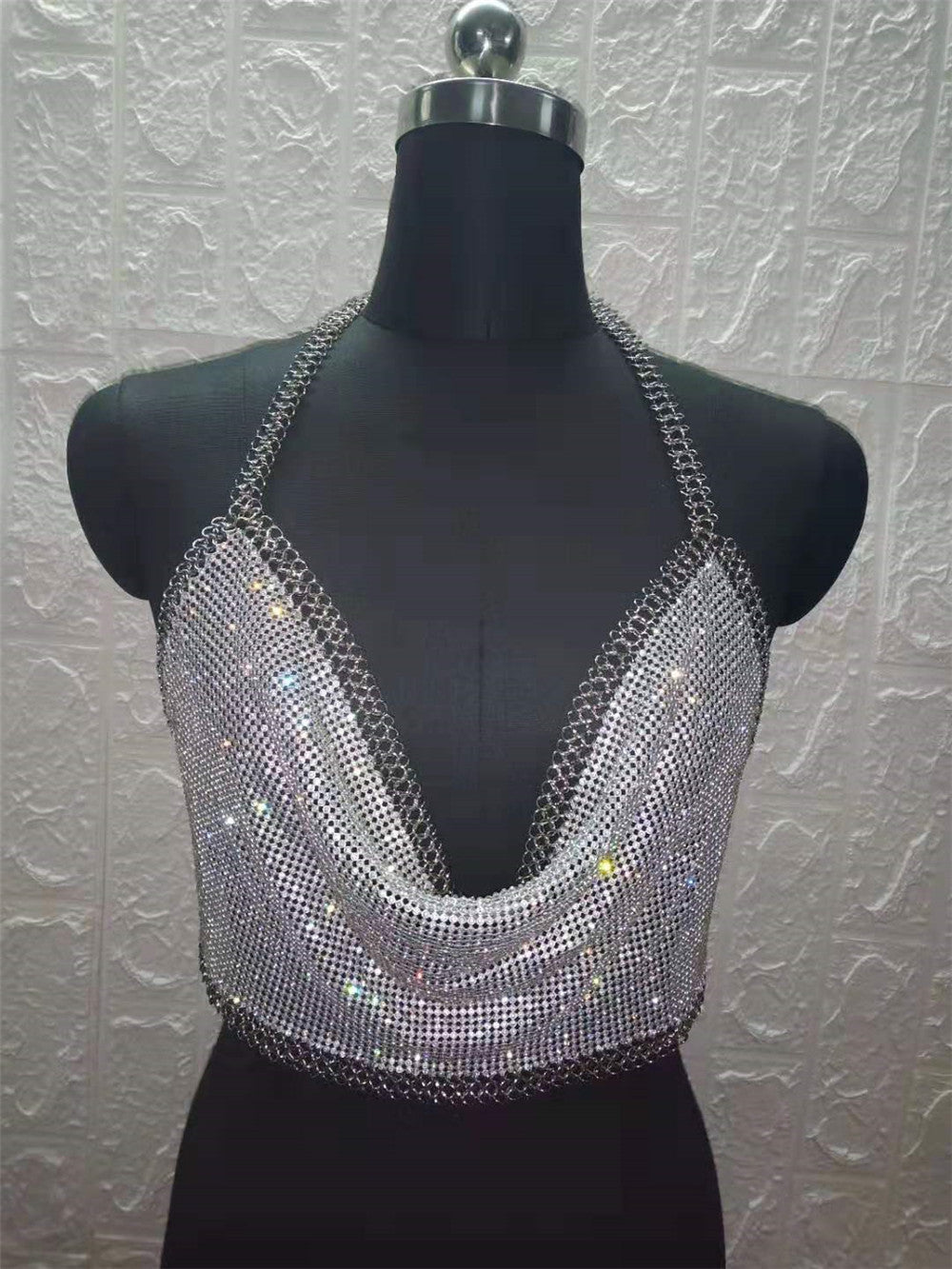 Chaleco con tirantes finos de tubo, sin espalda, con cadena de metal y diamantes, para discoteca, para mujer, que deja al descubierto el abdomen