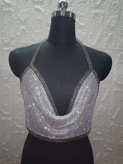 Women's Nightclub Tube Top Backless Metal Diamond Chain Spaghetti Straps Midriff-baring Underwear Vest