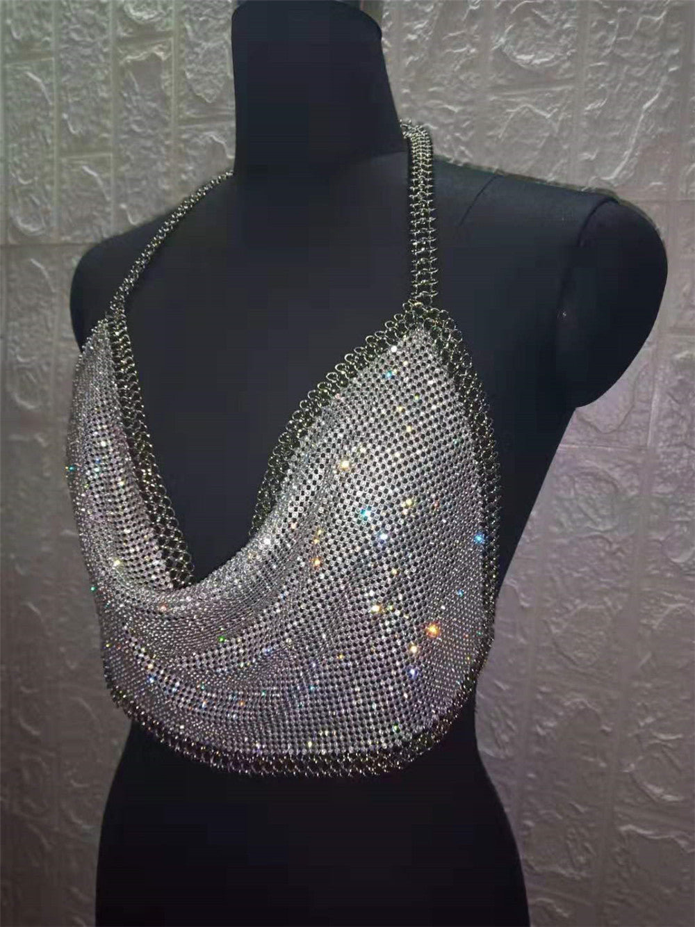 Chaleco con tirantes finos de tubo, sin espalda, con cadena de metal y diamantes, para discoteca, para mujer, que deja al descubierto el abdomen