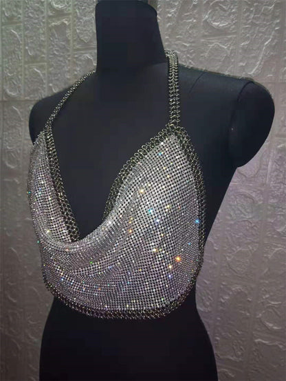 Women's Nightclub Tube Top Backless Metal Diamond Chain Spaghetti Straps Midriff-baring Underwear Vest