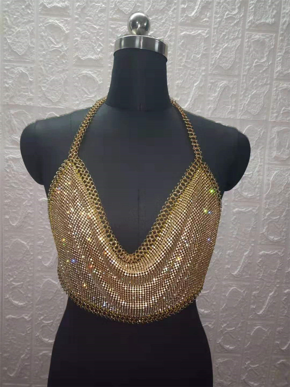 Chaleco con tirantes finos de tubo, sin espalda, con cadena de metal y diamantes, para discoteca, para mujer, que deja al descubierto el abdomen