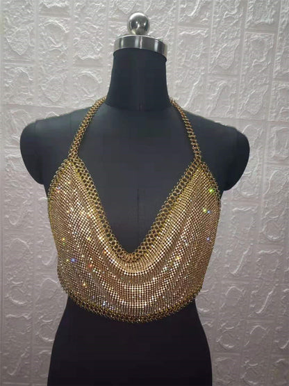 Women's Nightclub Tube Top Backless Metal Diamond Chain Spaghetti Straps Midriff-baring Underwear Vest