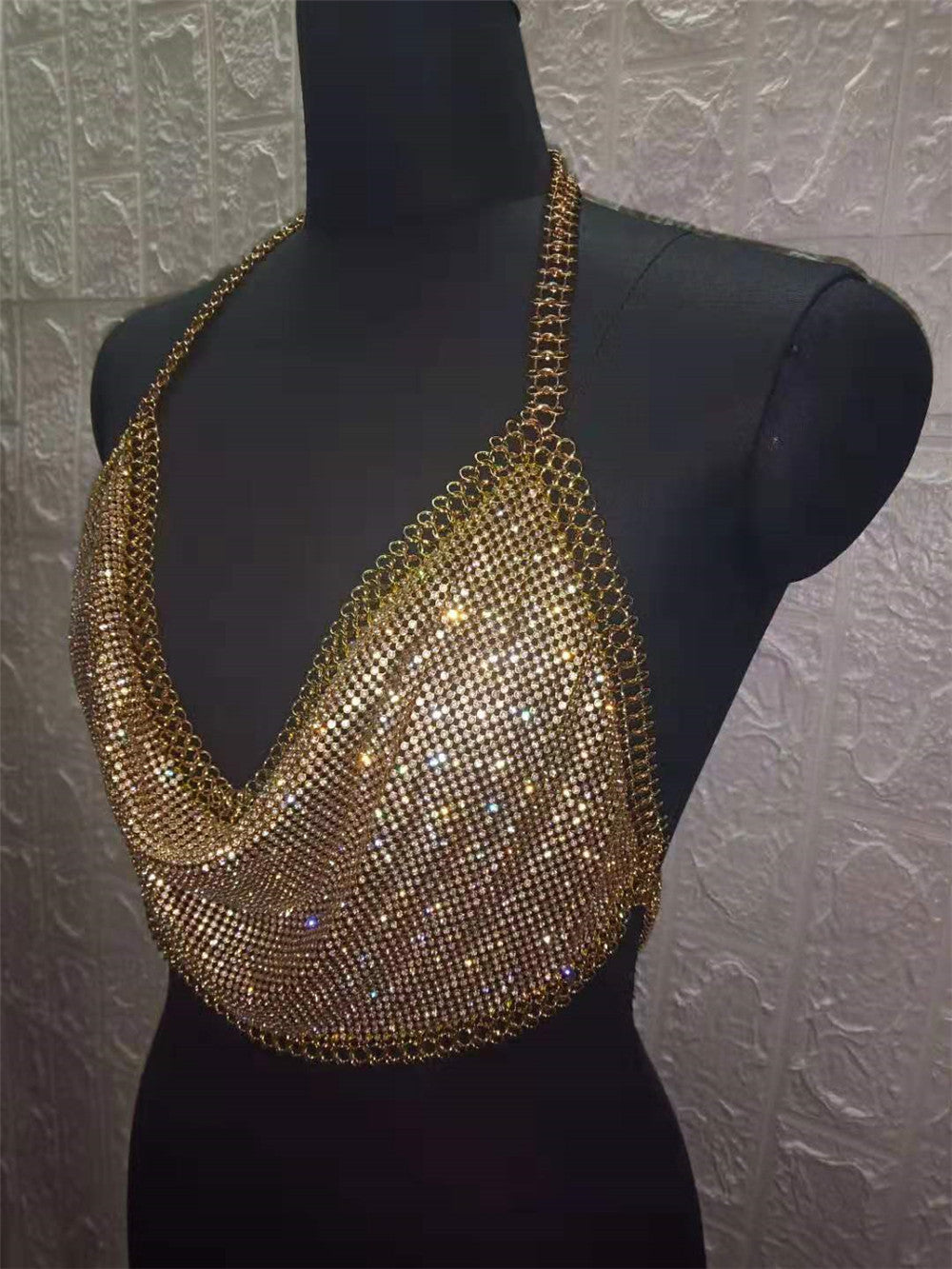 Chaleco con tirantes finos de tubo, sin espalda, con cadena de metal y diamantes, para discoteca, para mujer, que deja al descubierto el abdomen