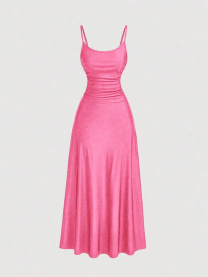 SHEIN MOD Women's Solid Color Ruched Waist Flared Hem Spaghetti Strap Dress,Semi Formal Dress,Elegant Tea Party Dress,Flowy Cruise Women Outfits Lavish Lady Store