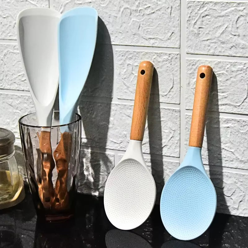 Silicone Rice Shovel Spoon Kitchenware with Long Wooden Handle Household Non-Stick Big Cooking Spatula Scoop Kitchen Gadgets