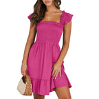 ANRABESS Womens Summer Casual Sleeveless Square Neck Smocked Ruffle Backless Boho Mini Dress 2025 Sundress Beach Vacation Outfits
