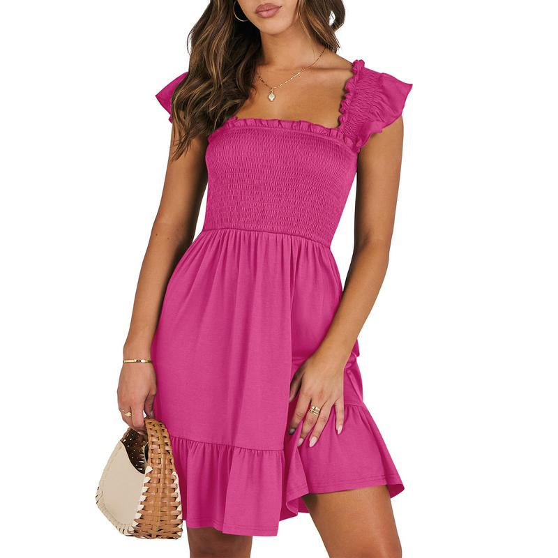 ANRABESS Womens Summer Casual Sleeveless Square Neck Smocked Ruffle Backless Boho Mini Dress 2025 Sundress Beach Vacation Outfits