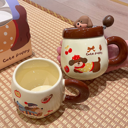 Cartoon Sausage Dog Mug With Lid Spoon Ceramic Water Cup