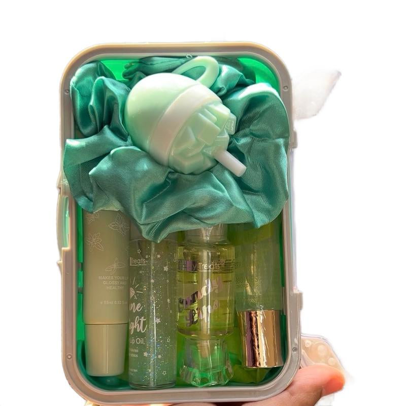 Mini Suitcase Lipgloss Bundle - Comes with 5 Random Lipglosses & a Scrunchie, Lip Care Kit with Lip Balm, Lip Gloss, and Lipstick - Cosmetic, Makeup Lip Oil - Gift, Glossy Everyday Pink