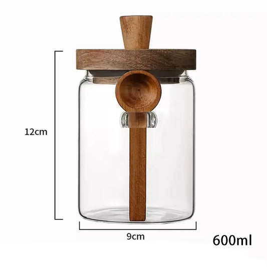 Glass Sealed Jar Five Grains Coffee and Tea Storage Can with Wooden Spoon Seasoning Bottle Kitchen Moisture-Proof Storage Tank