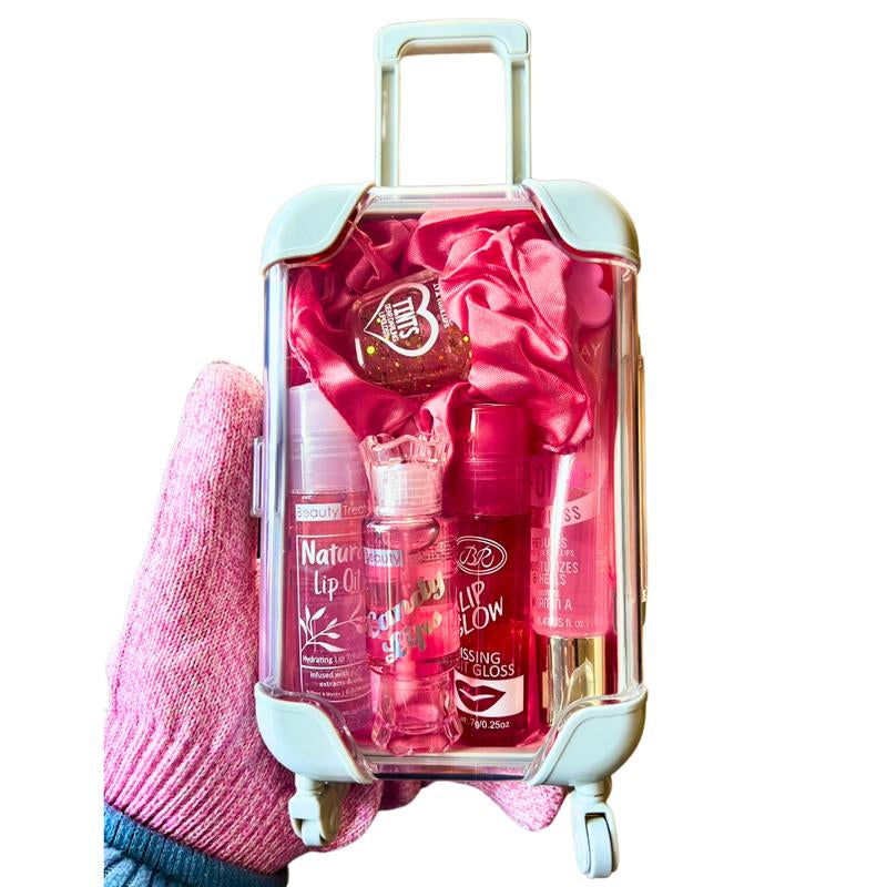Mini Suitcase Lipgloss Bundle - Comes with 5 Random Lipglosses & a Scrunchie, Lip Care Kit with Lip Balm, Lip Gloss, and Lipstick - Cosmetic, Makeup Lip Oil - Gift, Glossy Everyday Pink