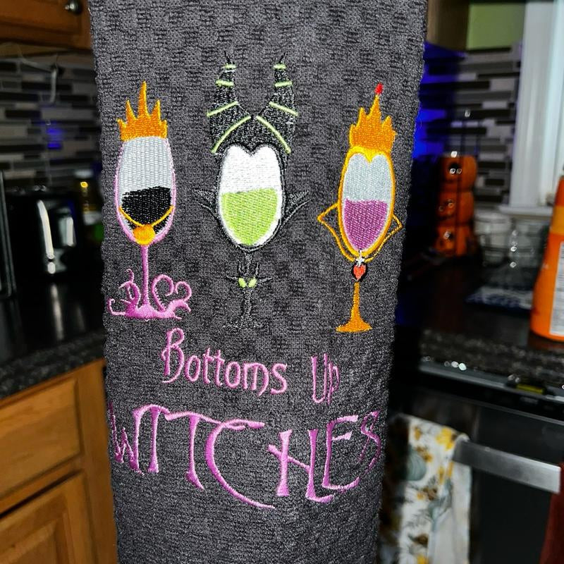 Black Kitchen Towel - Halloween Themed - Machine Embroidery - 'Bottoms up Witches'