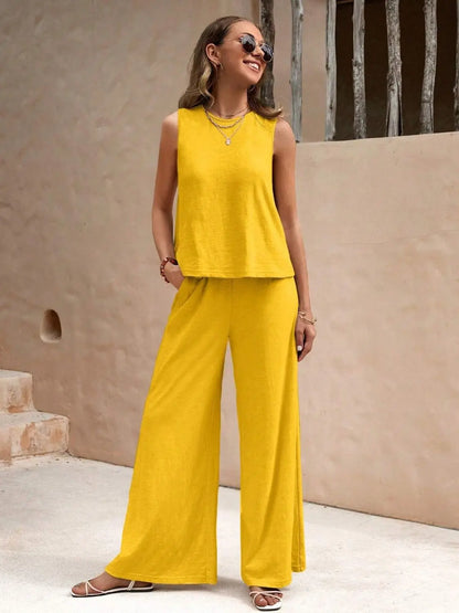 Round Neck Sleeveless Top and Wide Leg Pants Set Shop1102652536 Store