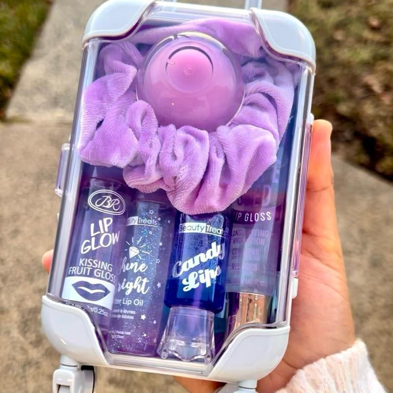 Mini Suitcase Lipgloss Bundle - Comes with 5 Random Lipglosses & a Scrunchie, Lip Care Kit with Lip Balm, Lip Gloss, and Lipstick - Cosmetic, Makeup Lip Oil - Gift, Glossy Everyday Pink