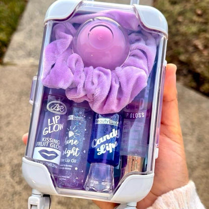 Mini Suitcase Lipgloss Bundle - Comes with 5 Random Lipglosses & a Scrunchie, Lip Care Kit with Lip Balm, Lip Gloss, and Lipstick - Cosmetic, Makeup Lip Oil - Gift, Glossy Everyday Pink