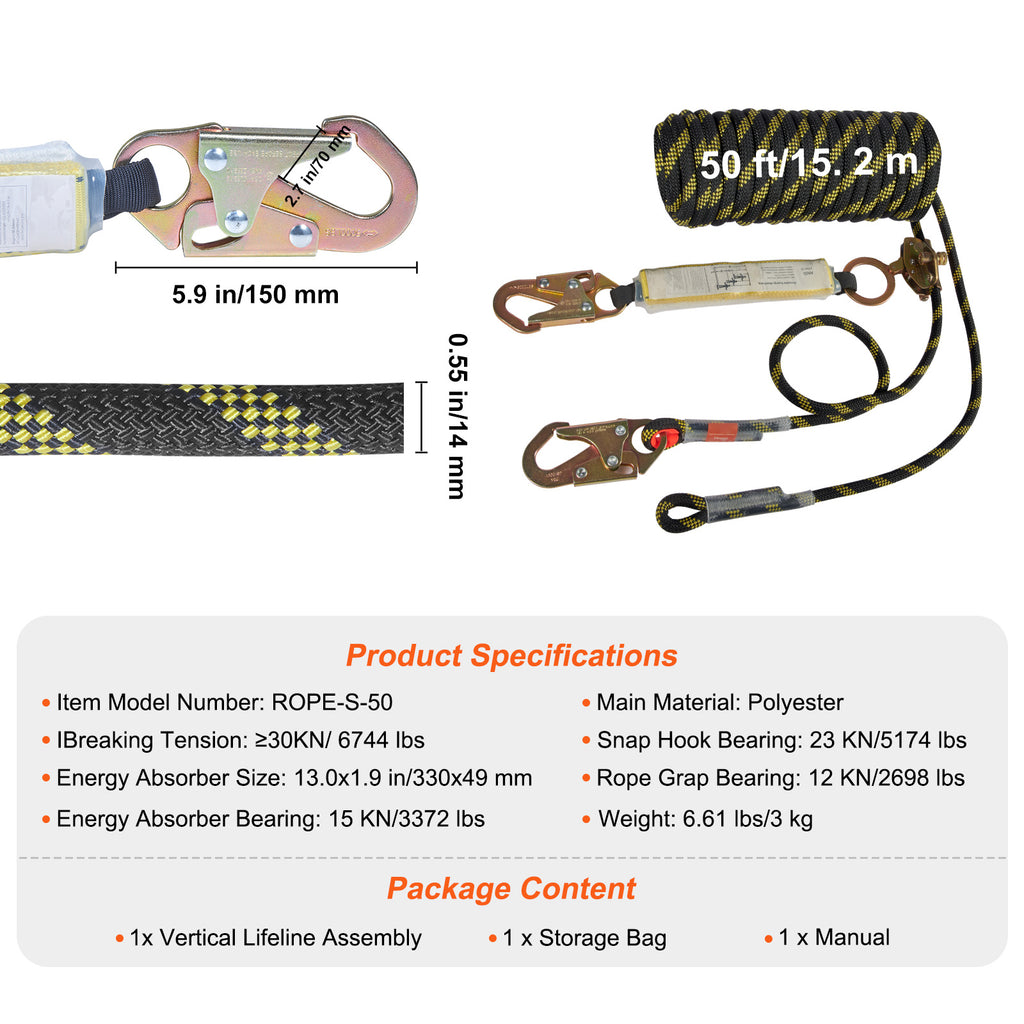 VEVOR Conjunto de línea de vida vertical, cuerda de protección contra caídas de 0.55 X 50 con tensión de rotura de 30 KN, cuerda de poliéster para tejados con ganchos de seguridad de acero, anticaídas y absorbedor de energía, cumple con ANSI