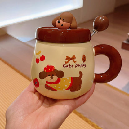 Cartoon Sausage Dog Mug With Lid Spoon Ceramic Water Cup