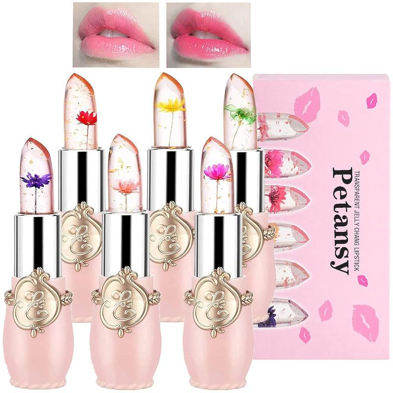 6-Pack Crystal Flower Jelly Lipstick – Long-Lasting Moisturizing Lip Balm, Magic Temperature-Activated Color Change Lip Gloss Makeup Moisturizer