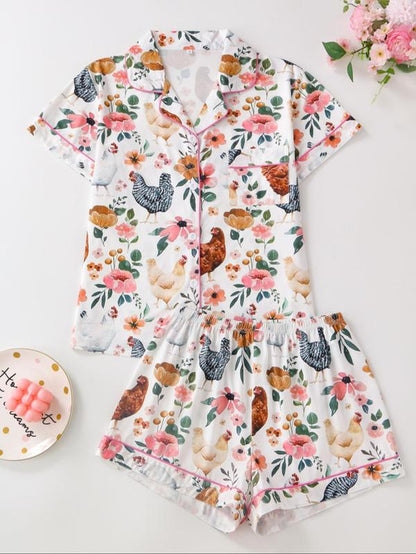 Women'S Chicken & Floral Print Button Top & Shorts Pajama Two-Piece Set, Casual Comfy Short Sleeve Top & Shorts Pj Set, Ladies Sleepwear for All Seasons, Sleep Sets