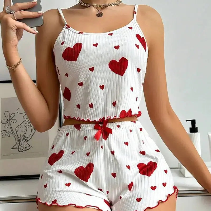 View details for Heart Printing Suspender Shorts Casual Sunken Stripe Outerwear European And American Style Women Pajamas