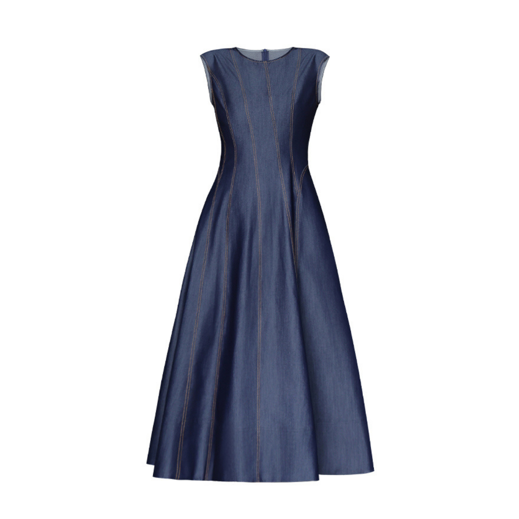 Round Neck A-Line Denim Midi Dress