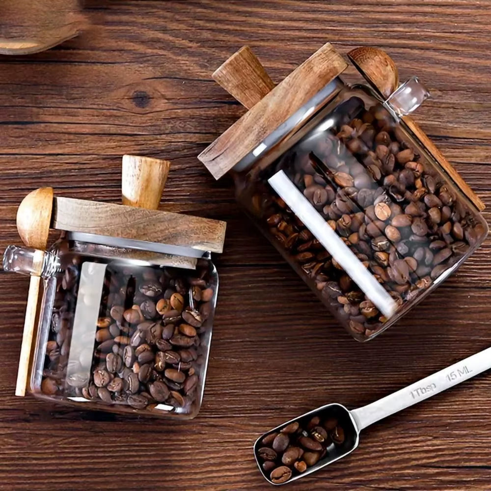 Glass Sealed Jar Five Grains Coffee and Tea Storage Can with Wooden Spoon Seasoning Bottle Kitchen Moisture-Proof Storage Tank