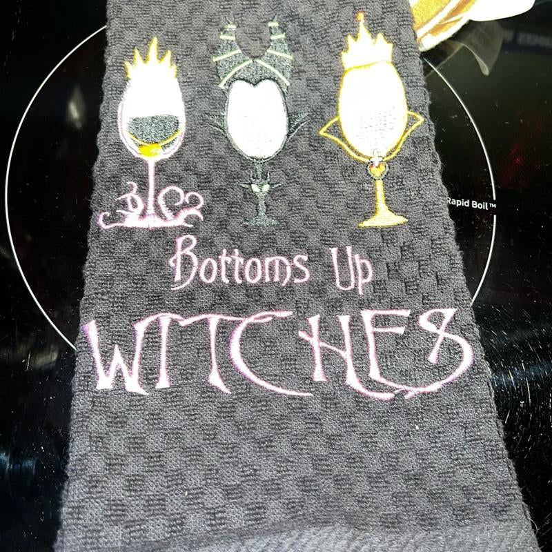 Black Kitchen Towel - Halloween Themed - Machine Embroidery - 'Bottoms up Witches'