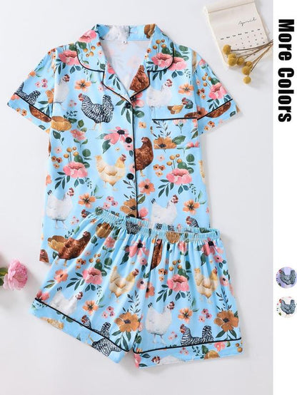Women'S Chicken & Floral Print Button Top & Shorts Pajama Two-Piece Set, Casual Comfy Short Sleeve Top & Shorts Pj Set, Ladies Sleepwear for All Seasons, Sleep Sets