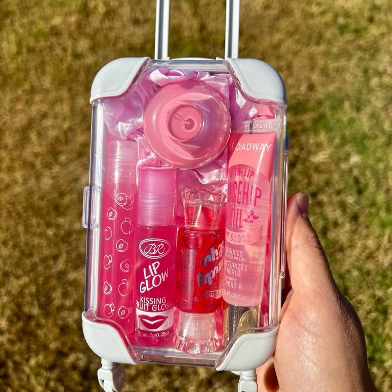 Mini Suitcase Lipgloss Bundle - Comes with 5 Random Lipglosses & a Scrunchie, Lip Care Kit with Lip Balm, Lip Gloss, and Lipstick - Cosmetic, Makeup Lip Oil - Gift, Glossy Everyday Pink