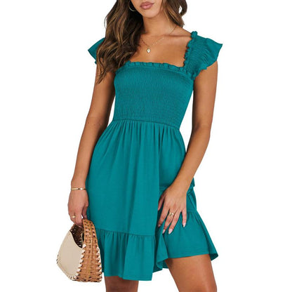 ANRABESS Womens Summer Casual Sleeveless Square Neck Smocked Ruffle Backless Boho Mini Dress 2025 Sundress Beach Vacation Outfits
