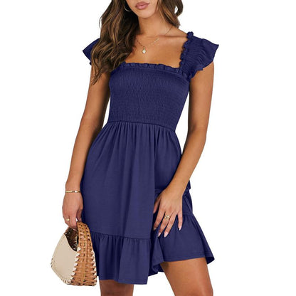 ANRABESS Womens Summer Casual Sleeveless Square Neck Smocked Ruffle Backless Boho Mini Dress 2025 Sundress Beach Vacation Outfits