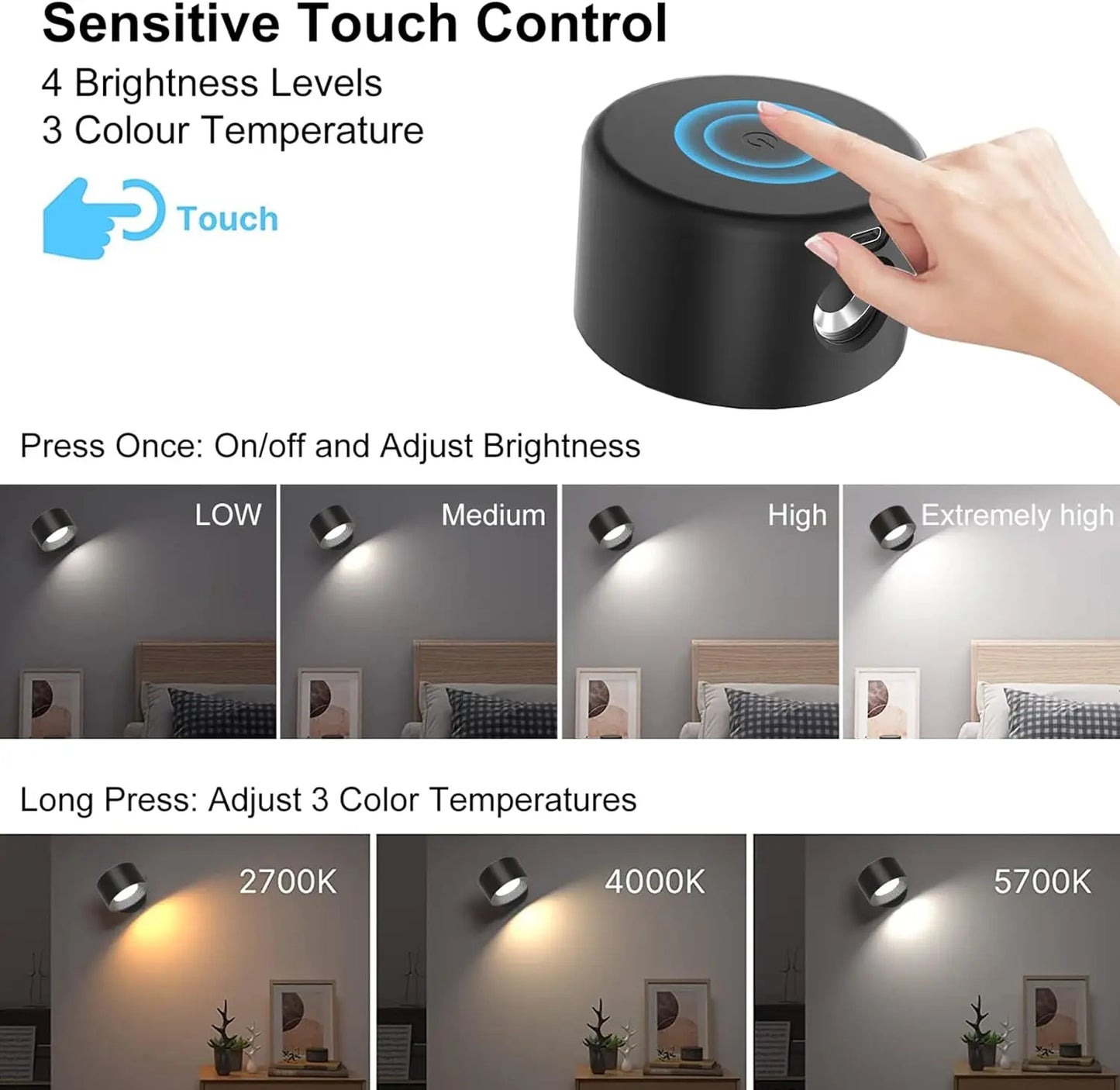 LED Wall Light Indoor Pack of 2, Wall Lamp Wall Lights 2000Mah Battery, 4 Brightness Levels,, Bedside Lamp