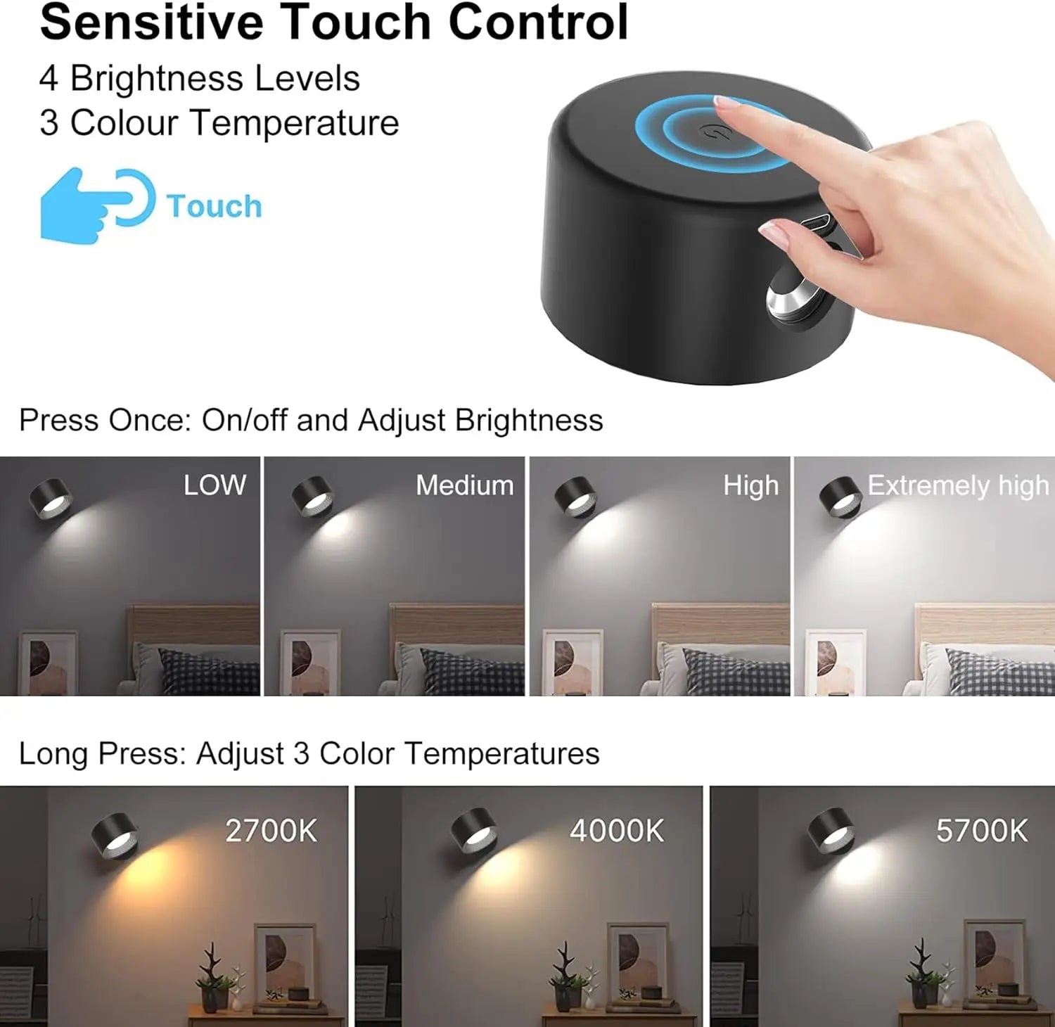 LED Wall Light Indoor Pack of 2, Wall Lamp Wall Lights 2000Mah Battery, 4 Brightness Levels,, Bedside Lamp