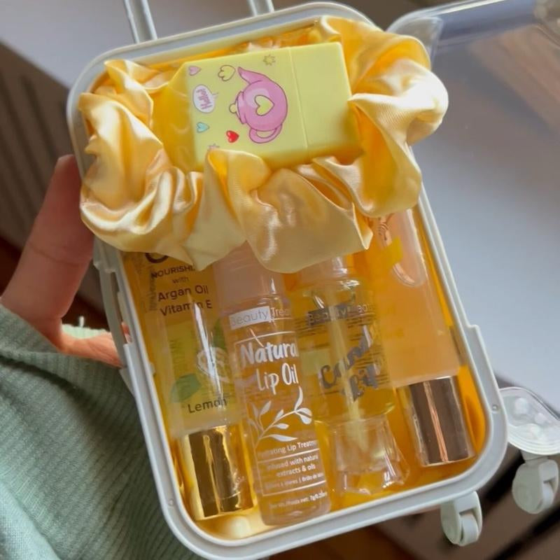 Mini Suitcase Lipgloss Bundle - Comes with 5 Random Lipglosses & a Scrunchie, Lip Care Kit with Lip Balm, Lip Gloss, and Lipstick - Cosmetic, Makeup Lip Oil - Gift, Glossy Everyday Pink