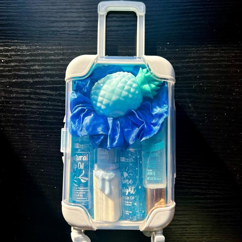 Mini Suitcase Lipgloss Bundle - Comes with 5 Random Lipglosses & a Scrunchie, Lip Care Kit with Lip Balm, Lip Gloss, and Lipstick - Cosmetic, Makeup Lip Oil - Gift, Glossy Everyday Pink