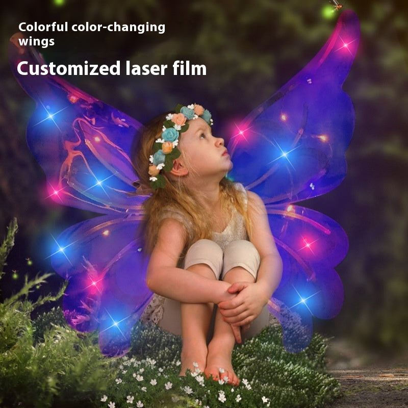 Alas de mariposa eléctricas infantiles con luz, decoración de espalda, juguete de angelito hada