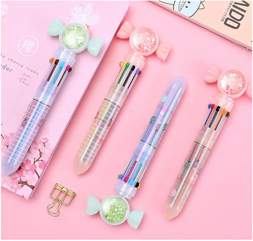 10Pcs/Lot Cute Stationery 10 Color Sequins Butterfly Rabbit Cat Ballpoint Pen School Office Multicolored Pens Colorful Refill