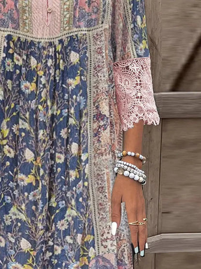 Full Size Lace Detail Printed Three-Quarter Sleeve Dress Dress Jasmine Flower Store