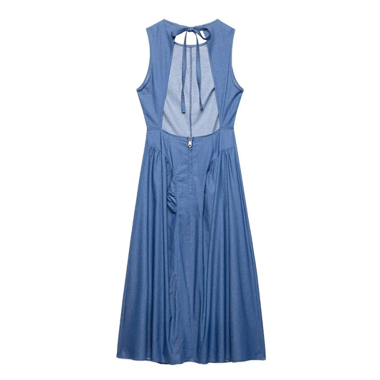 Backless Denim Ruched Maxi Dress