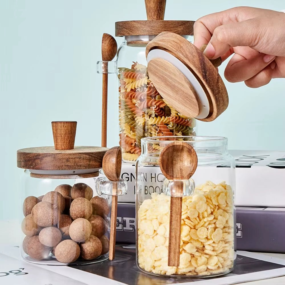 Glass Sealed Jar Five Grains Coffee and Tea Storage Can with Wooden Spoon Seasoning Bottle Kitchen Moisture-Proof Storage Tank