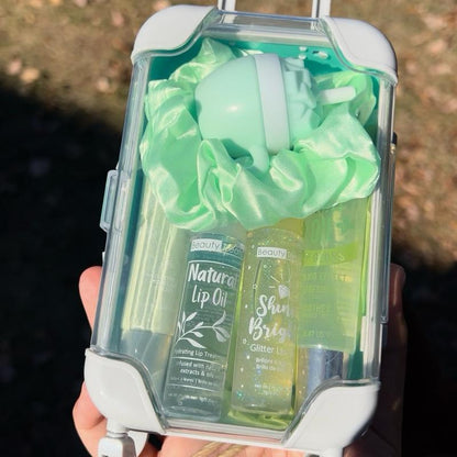 Mini Suitcase Lipgloss Bundle - Comes with 5 Random Lipglosses & a Scrunchie, Lip Care Kit with Lip Balm, Lip Gloss, and Lipstick - Cosmetic, Makeup Lip Oil - Gift, Glossy Everyday Pink