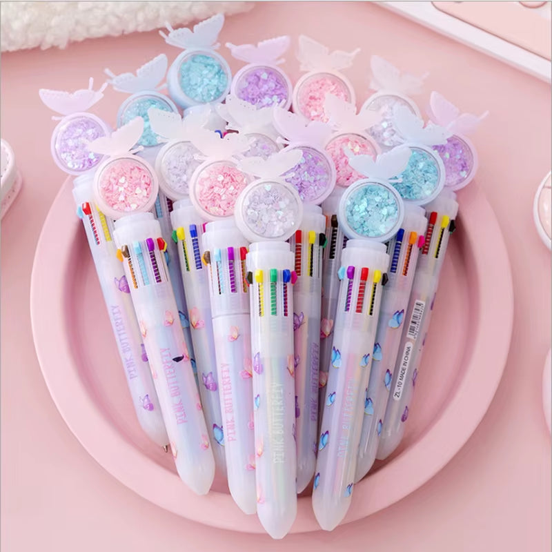 10Pcs/Lot Cute Stationery 10 Color Sequins Butterfly Rabbit Cat Ballpoint Pen School Office Multicolored Pens Colorful Refill