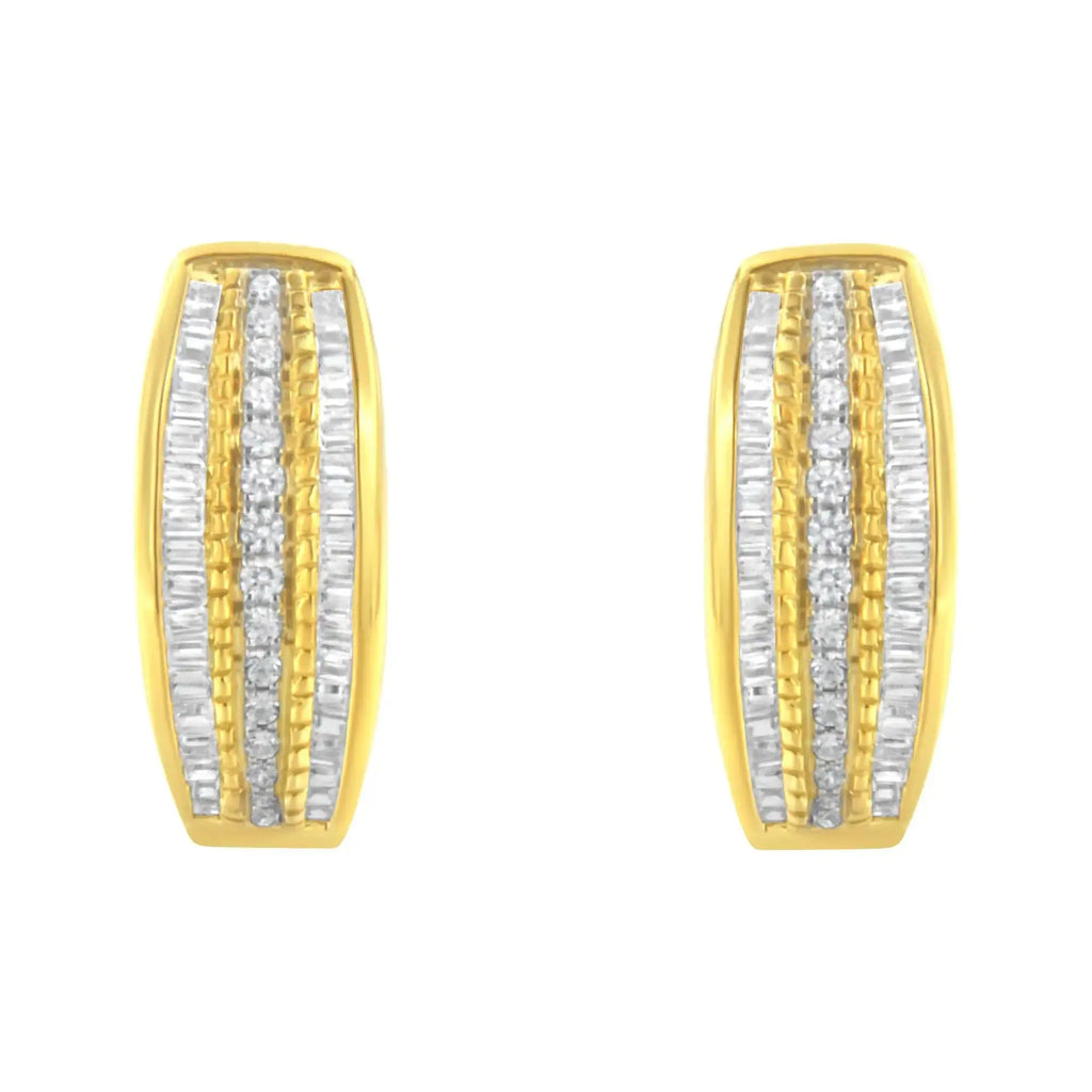 10K Yellow Gold 3/4 Cttw Pave and Channel Set Diamond Triple Row Modern Hoop Earrings (I-J Color, I2-I3 Clarity)