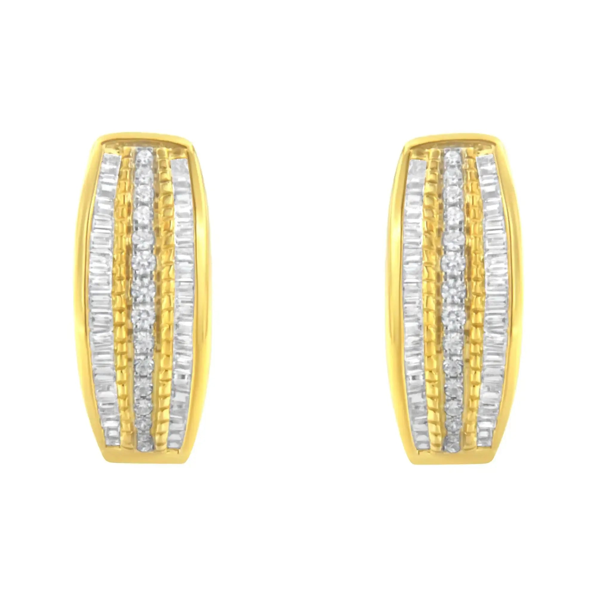10K Yellow Gold 3/4 Cttw Pave and Channel Set Diamond Triple Row Modern Hoop Earrings (I-J Color, I2-I3 Clarity)