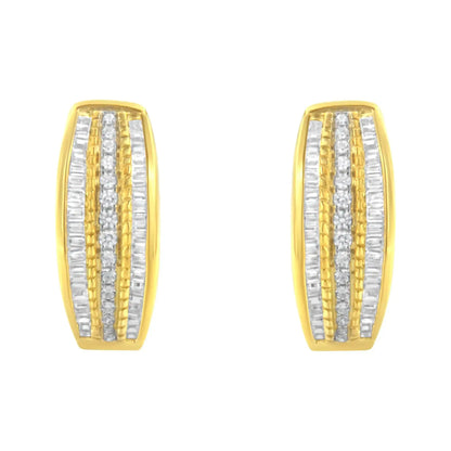 10K Yellow Gold 3/4 Cttw Pave and Channel Set Diamond Triple Row Modern Hoop Earrings (I-J Color, I2-I3 Clarity)