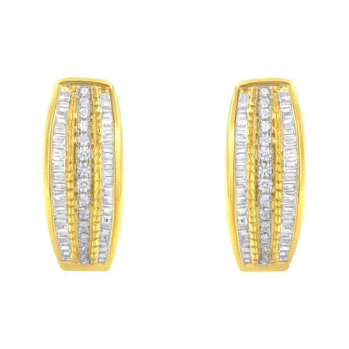 10K Yellow Gold 3/4 Cttw Pave and Channel Set Diamond Triple Row Modern Hoop Earrings (I-J Color, I2-I3 Clarity)