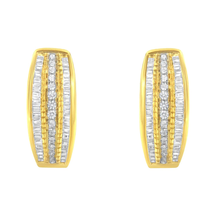 10K Yellow Gold 3/4 Cttw Pave and Channel Set Diamond Triple Row Modern Hoop Earrings (I-J Color, I2-I3 Clarity)